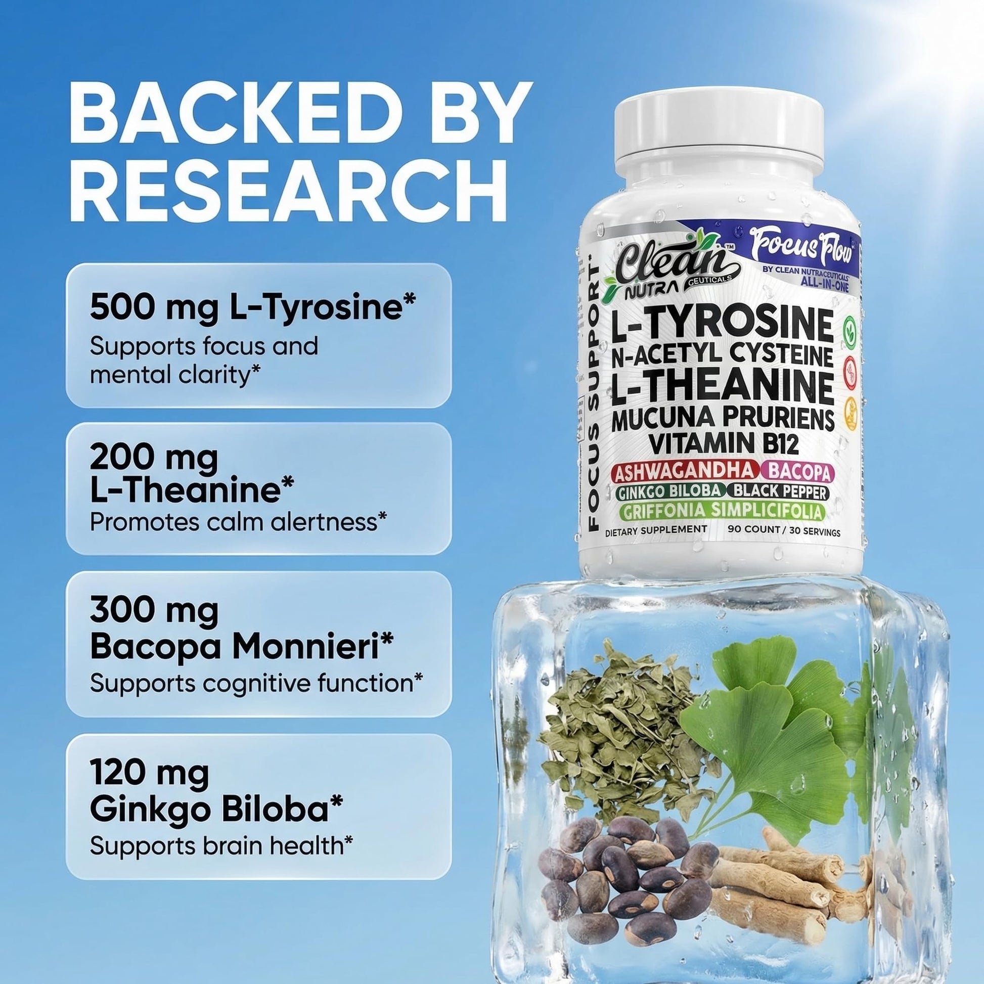 Focus Flow L-Tyrosine Vitamin B C D L-Theanine Ashwagandha Ginkgo Biloba Vitamin B12 Thiamine Black Pepper N-Acetylcysteine Mucuna Pruriens 90 Count Capsules by Clean Nutra Clean NutraceuticalsBuy Supplements Australia