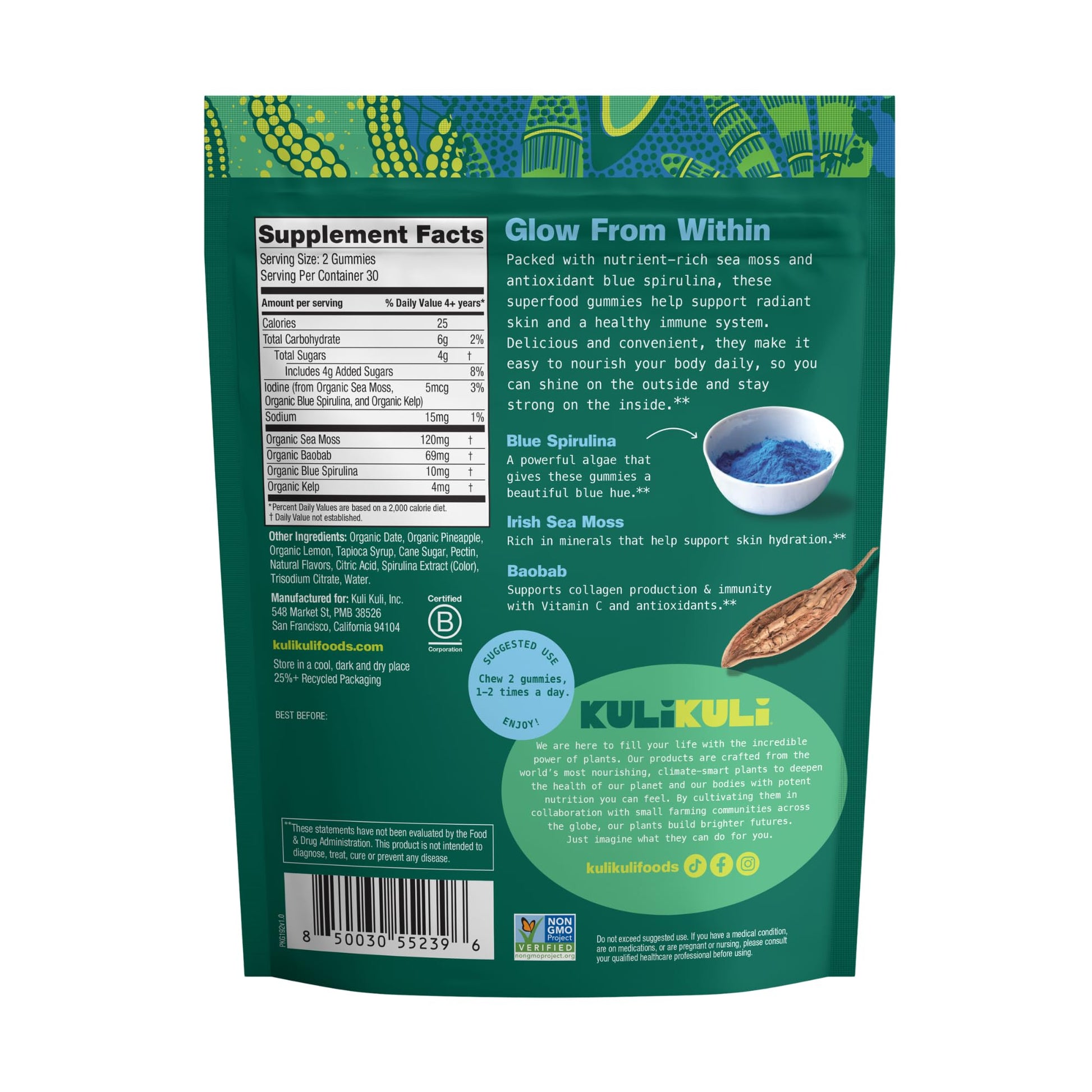 Kuli Kuli Sea Moss & Blue Spirulina Superfood Gummies - Pineapple Colada Flavor, 60 Count - Plant-Based Irish Sea Moss with Baobab & Vitamin C for Skin Glow, Immune Support & Collagen (1 Month Supply) Kuli KuliBuy Supplements Australia
