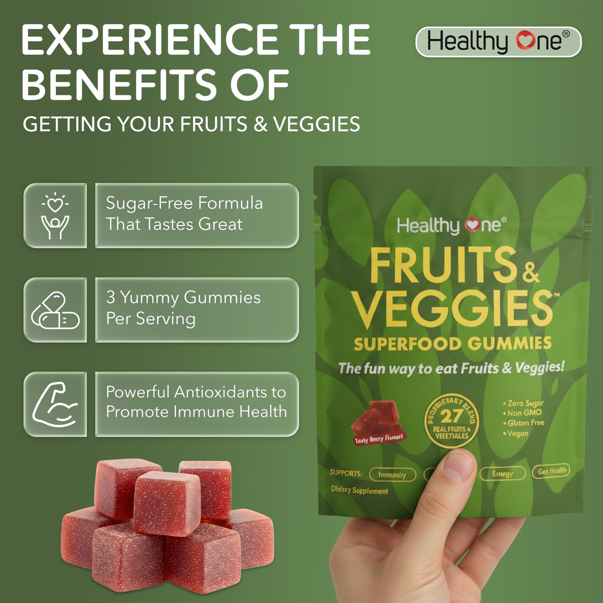 Fruits & Veggies Sugar-Free Gummies - 27 Whole Foods - Equals 3 Servings of Fruits & Vegetables - Improve Energy, Focus & Immune Function - Fiber - Antioxidants - Organic Ingredients - 14 Packets Healthy OneBuy Supplements Australia