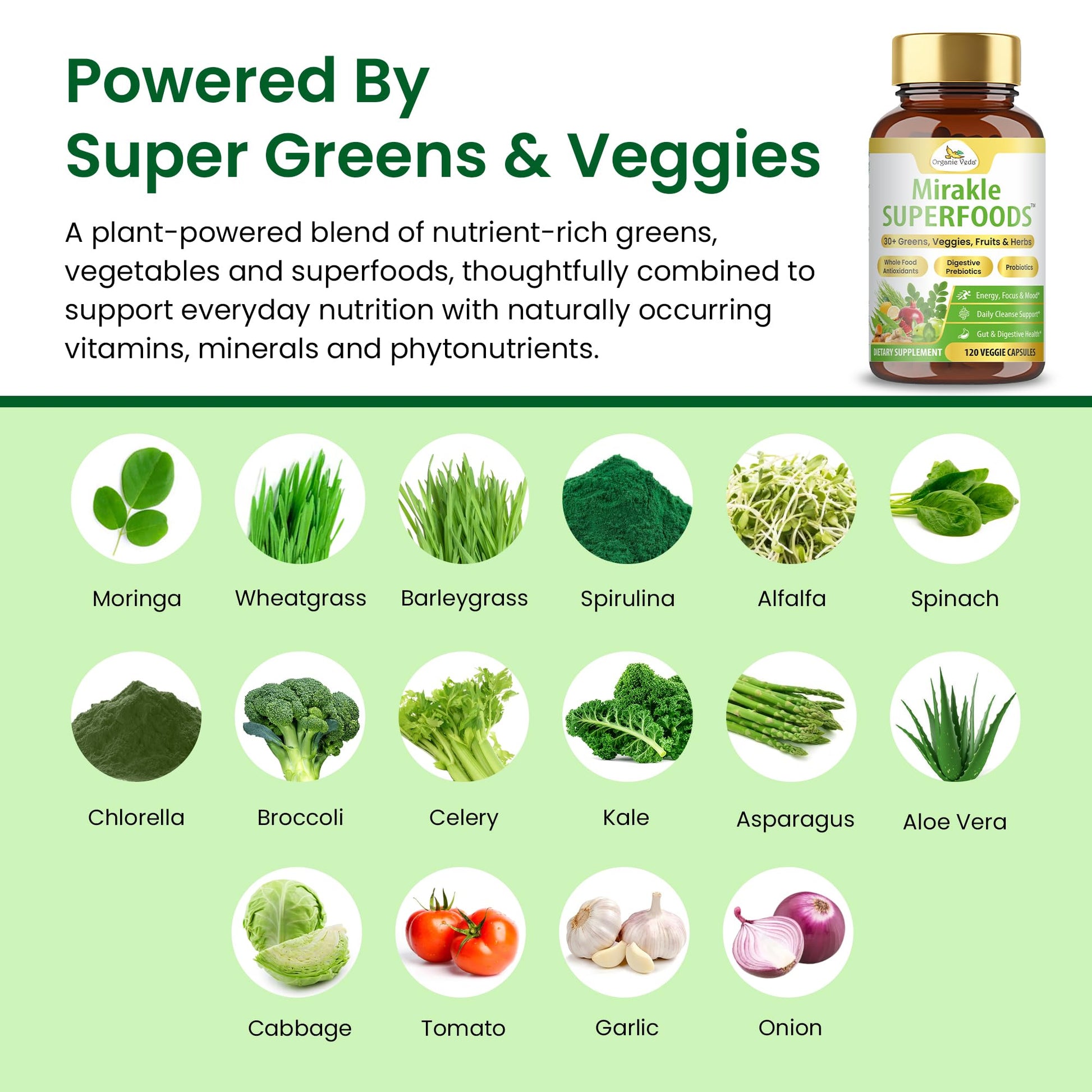 Organic Veda Mirakle Superfoods Greens Capsules - 30+ Daily Greens and Veggies Supplement with Moringa, Spirulina, Chlorella, Turmeric & Herbs, Antioxidants, Resveratrol, Probiotics - 120 Capsule Organic VedaBuy Supplements Australia