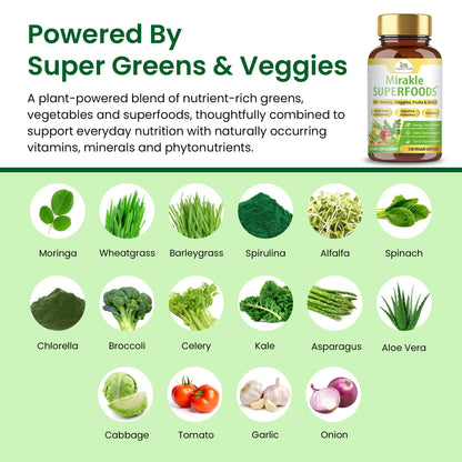 Organic Veda Mirakle Superfoods Greens Capsules - 30+ Daily Greens and Veggies Supplement with Moringa, Spirulina, Chlorella, Turmeric & Herbs, Antioxidants, Resveratrol, Probiotics - 120 Capsule Organic VedaBuy Supplements Australia