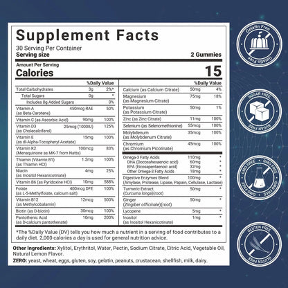 Mens Multivitamins Gummies, Methylated Multivitamin with Vitamins A C D K E, B Complex, Omega-3, Digestive Enzymes, Lycopene Wiszeen