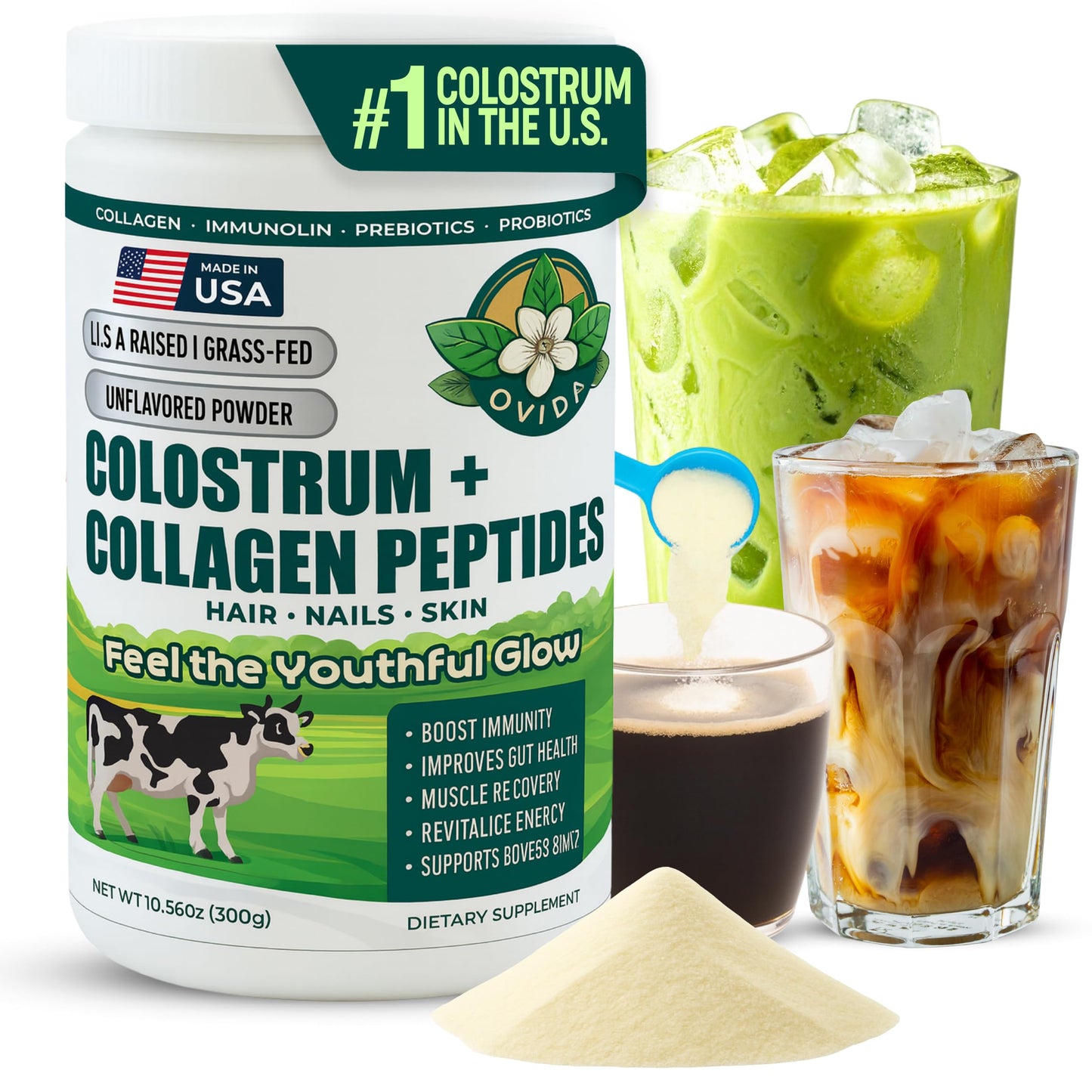 Bovine Colostrum and Hydrolyzed Collagen Peptides Powder Supplement for Women & Men - Supports Gut Health, Joint & Bone Health, Hair Skin Nails - Grass-Fed, Non-GMO, Gluten Free, 300g (30 Servings) OVIDABuy Supplements Australia
