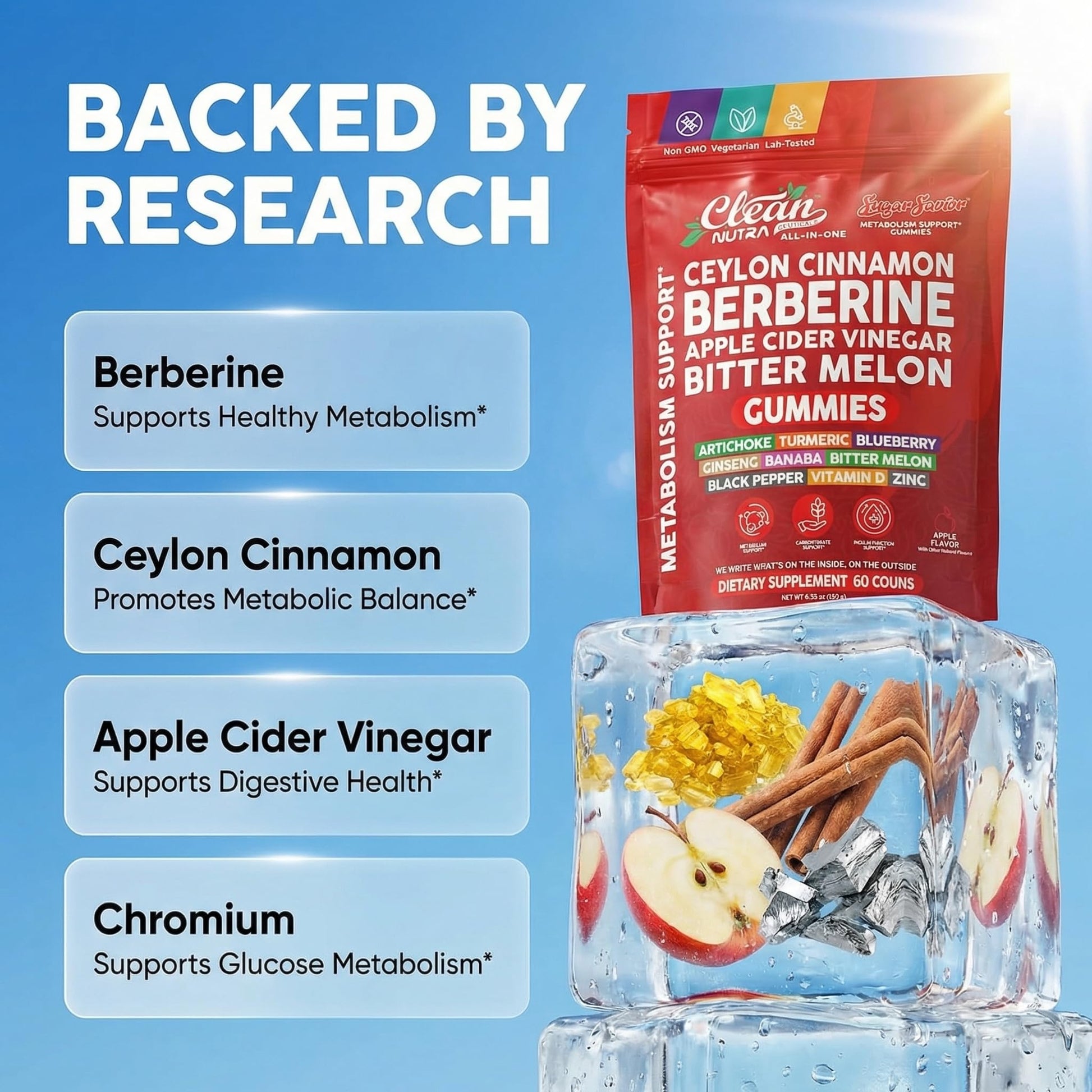 Sugar Savior Ceylon Cinnamon Berberine Gummies Apple Cider Vinegar Artichoke Turmeric Blueberry Ginseng Banaba Bitter Melon Black Pepper Vitamin D Zinc GLP1 Gummies 60 Count by Clean Nutra Clean NutraceuticalsBuy Supplements Australia