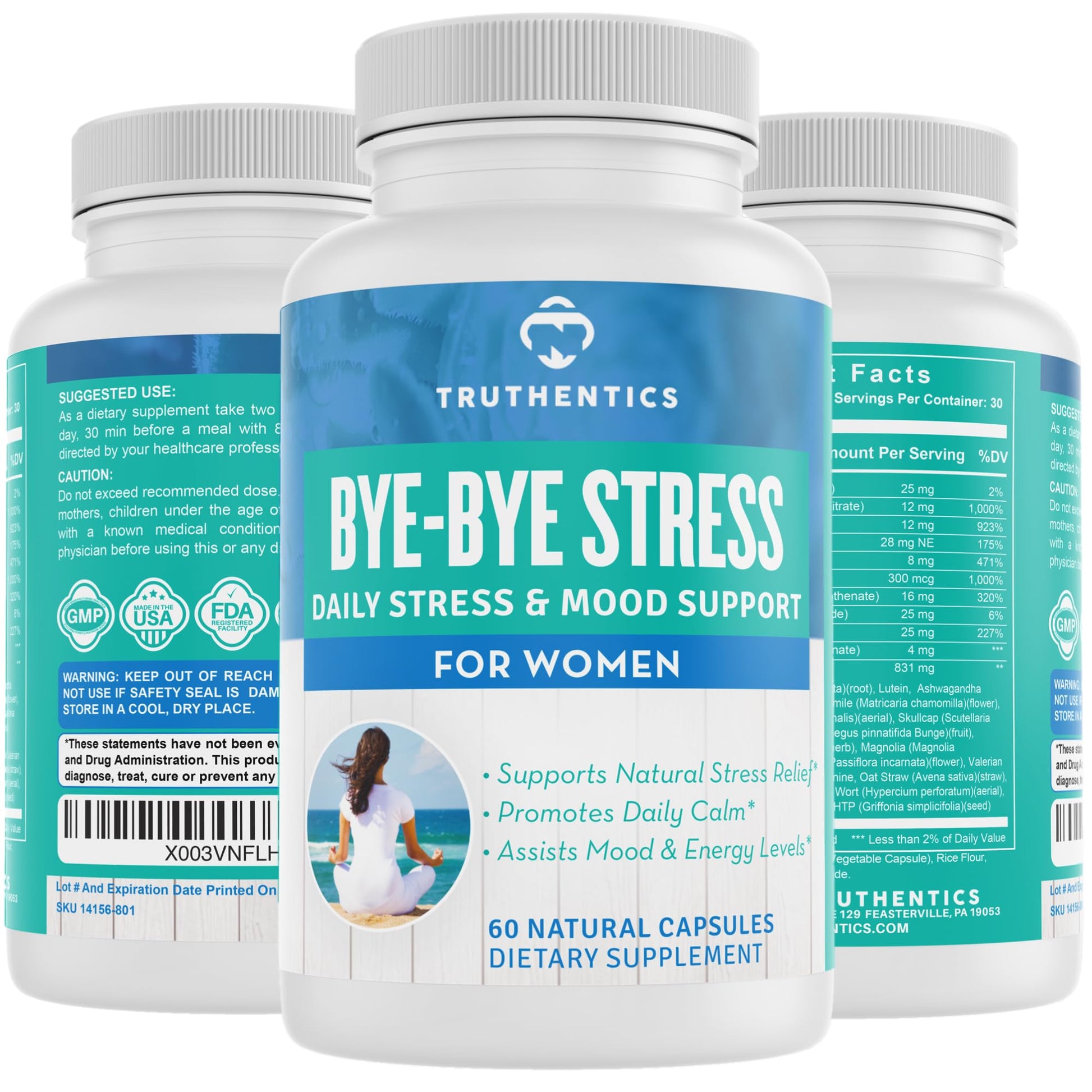 TRUTHENTICS Bye-Bye Stress - Stress & Mood Support Supplement for Women with Ashwagandha, GABA, Lemon Balm, L-Theanin & Vitamin B Complex - Vegan - 60 Capsules TRUTHENTICSBuy Supplements Australia