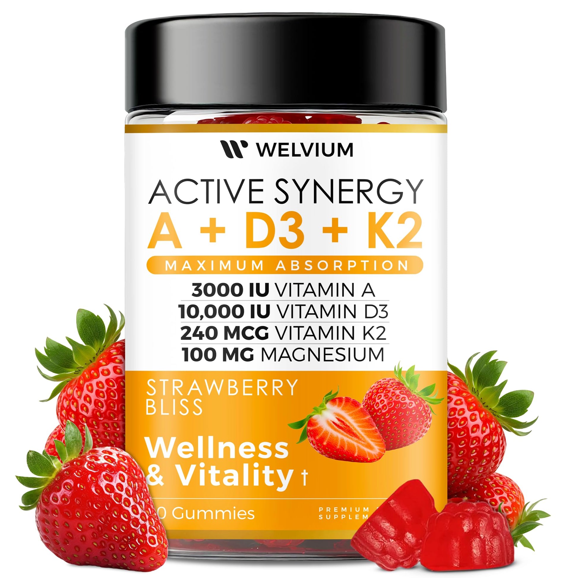 WELVIUM Vitamin D3 K2 Gummies 10000 IU with Magnesium Glycinate, Calcium, B12, K2 MK-7, Vitamins A, E, Lutein, Zeaxanthin - ADK Chewable Supplement for Bone, Eye, Immune Support - D3K2 Gummies WELVIUMBuy Supplements Australia