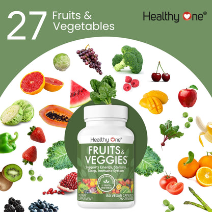 Fruits & Veggies Formula - 27 Premium Whole Foods - Organic Ingredients - Equals 3 Servings of Fruits & Vegetables - Improve Energy, Focus & Immune Function - Fiber - Antioxidants - 150ct (75 Serv) Healthy OneBuy Supplements Australia