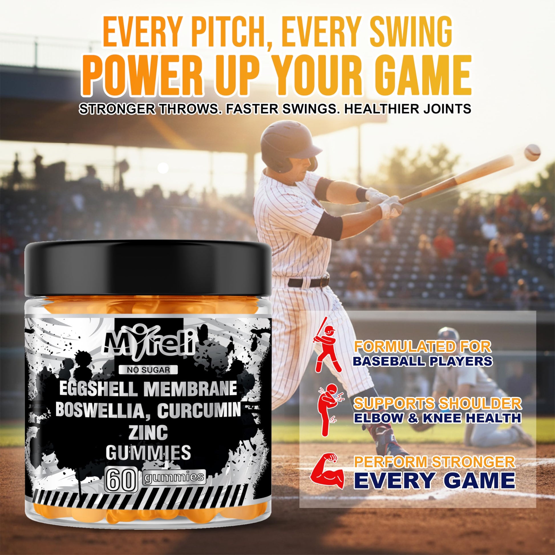 MYRELI Eggshell Membrane 400mg, Boswellia 300mg, Curcumin 250mg & Zinc 20mg Gummies - Baseball Athlete Joint Support, Flexibility, Recovery, Antioxidant, Energy, Endurance - Vegan, Non-GMO, 60 Gummies MYRELIBuy Supplements Australia