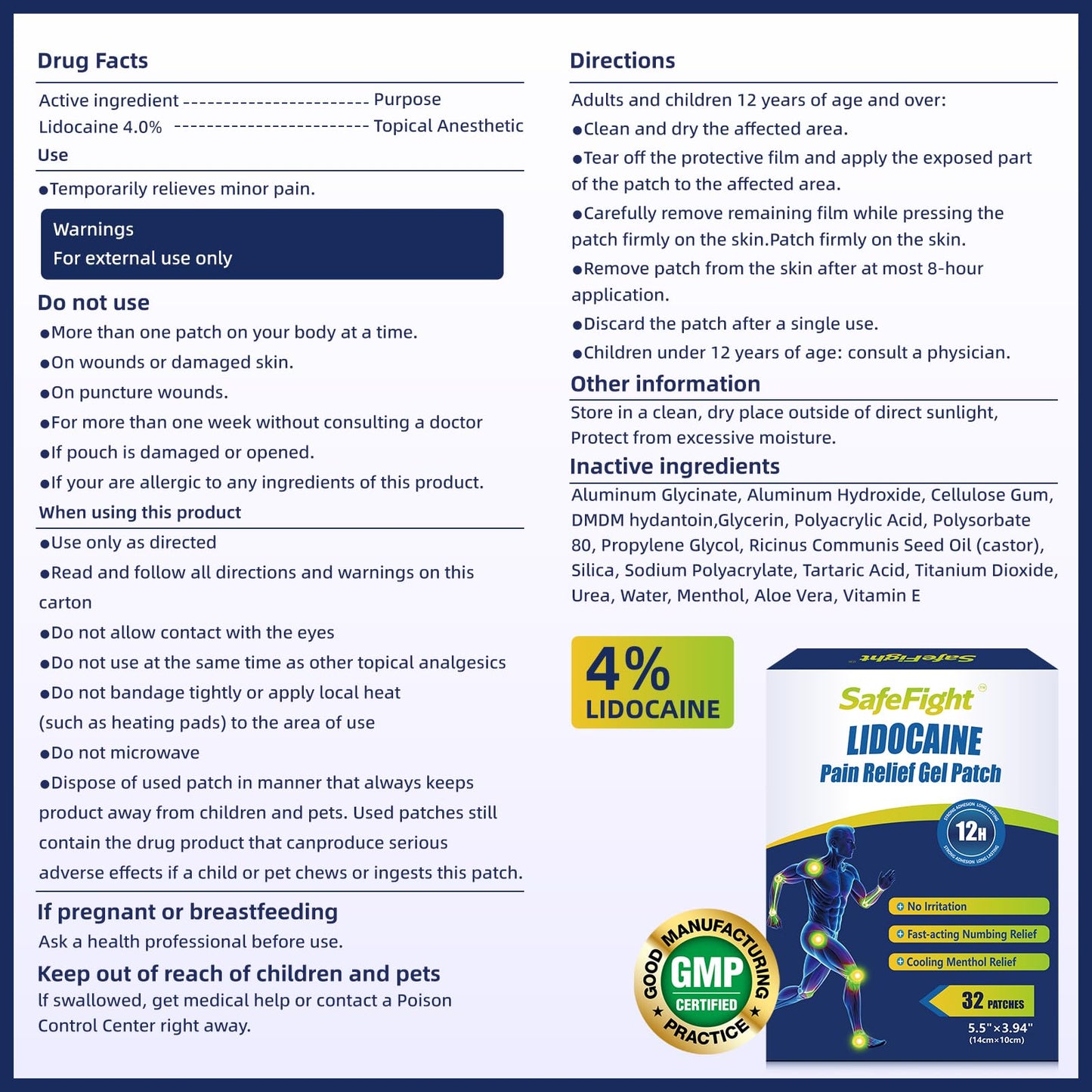 SafeFight 4% Lidocaine Pain Relief Patches 32 Count - Maximum Strength Relief for Back, Neck, Shoulder, Joint & Muscle Pain, Add Menthol, 12 Hour Long Lasting Relief Pains SafeFightBuy Supplements Australia