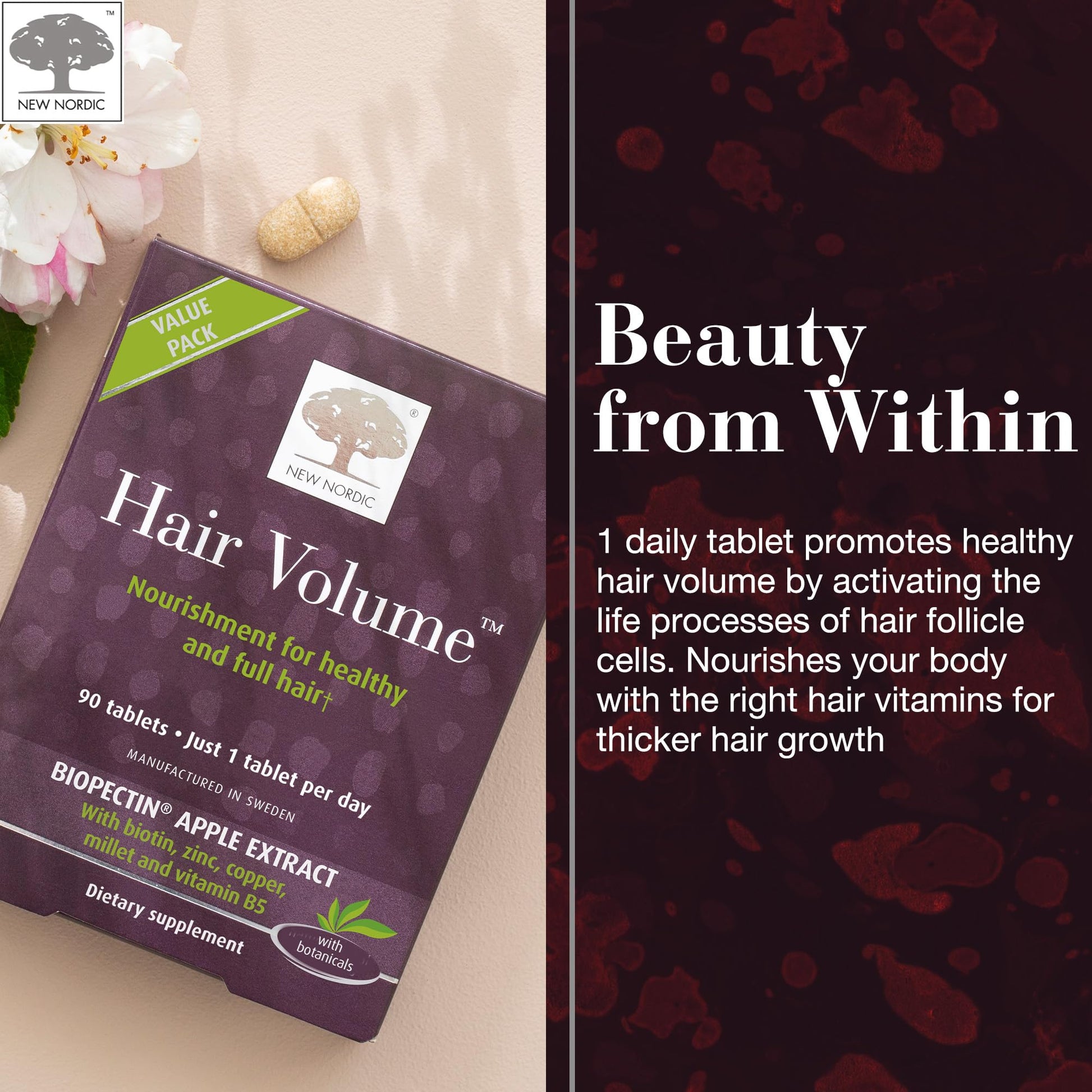 NEW NORDIC Hair Volume Tablets, 3000 mcg Biotin & Biopectin Apple Extract, Hair Vitamins to Support Natural Hair Growth, 90 Count (Pack of 1) NEW NORDICBuy Supplements Australia