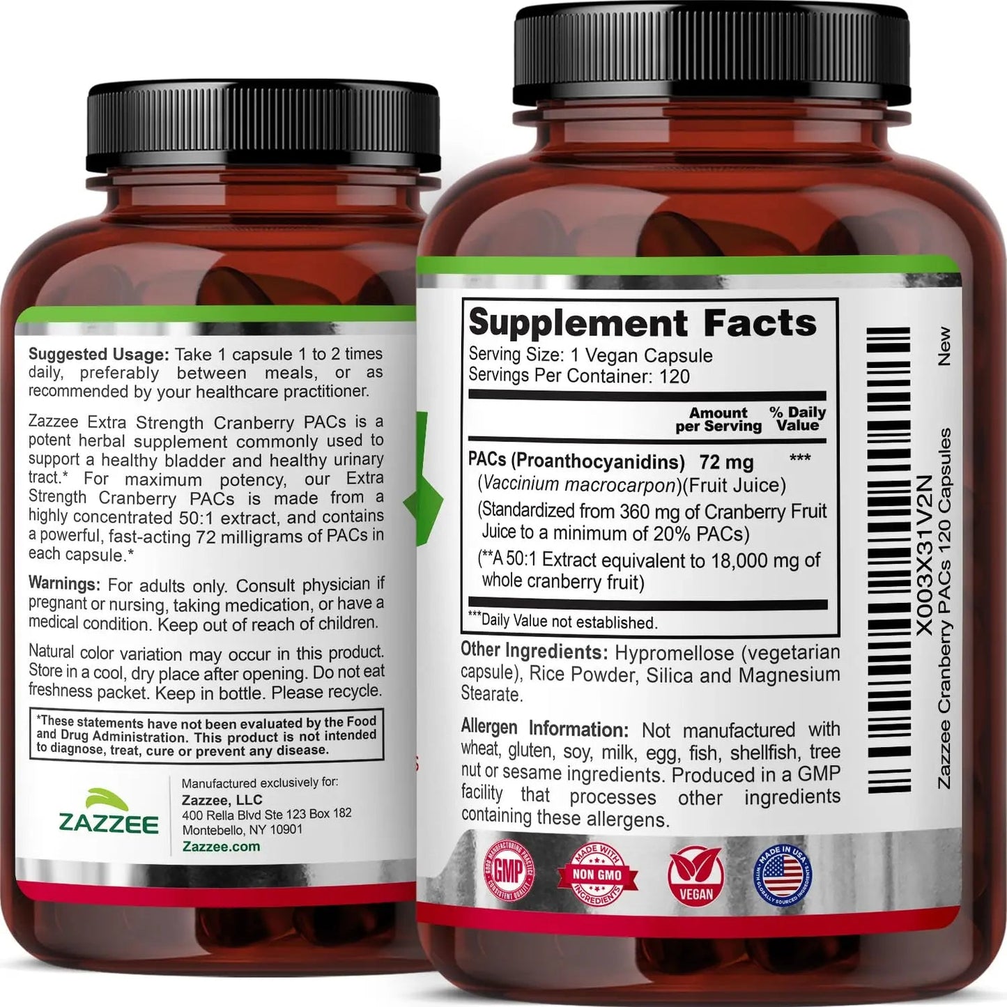 Zazzee Cranberry PACs, 72 mg PACs per Capsule, 2X Strength, 100% Soluble, 120 Vegan Capsules, 50:1 Extract, 18,200 mg Strength, Fast-Acting, Effective Urinary Tract Support, Made in The USA ZazzeeBuy Supplements Australia