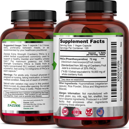 Zazzee Cranberry PACs, 72 mg PACs per Capsule, 2X Strength, 100% Soluble, 120 Vegan Capsules, 50:1 Extract, 18,200 mg Strength, Fast-Acting, Effective Urinary Tract Support, Made in The USA ZazzeeBuy Supplements Australia