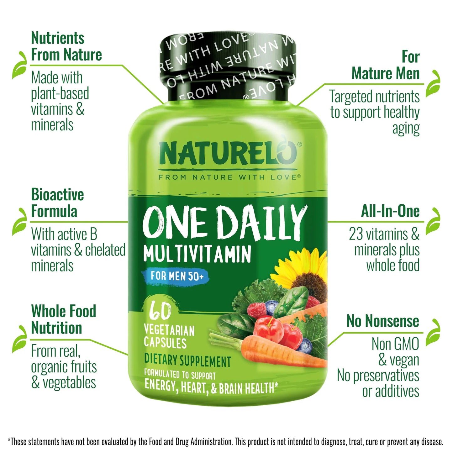 NATURELO One Daily Multivitamin for Men 50+, 60 Capsules and One Daily Multivitamin for Women 50+ (Iron Free), 60 Capsules Bundle - 2 Month Supply NATURELO