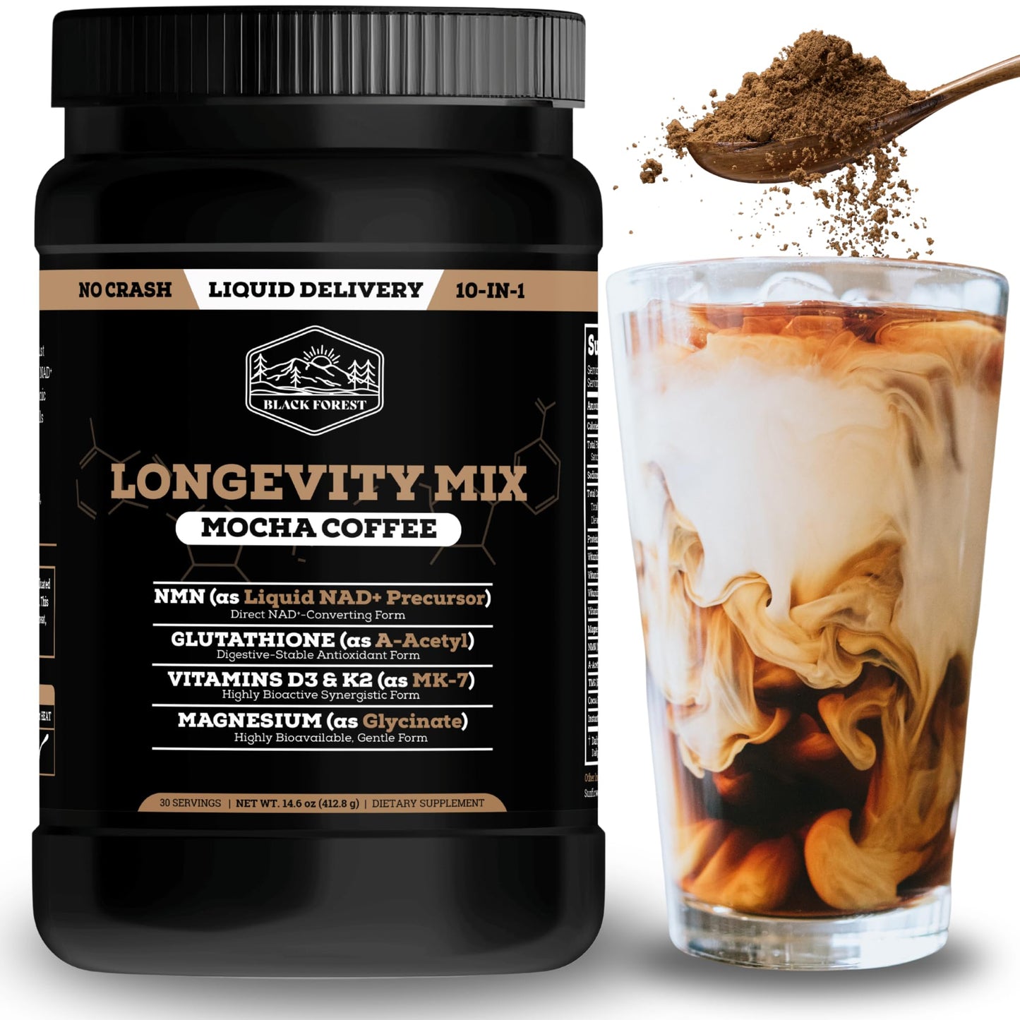 Black Forest Longevity Mix Liquid NAD+ Alternative Mocha Coffee 10-in-1 with NMN 250mg, Glutathione 250mg, TMG, Magnesium Glycinate, Vitamins D3 K2 C B12, High Polyphenol Cocoa, 30 Servings