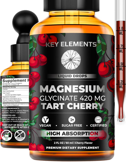 Liquid Magnesium Glycinate 420 Mg with Natural Tart Cherry Extract | Magnesium Glycinate Drops Supplement for Sleep, Mood & Mobility Support | Tart Cherry Extract KEY ELEMENTSBuy Supplements Australia