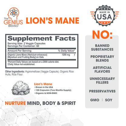Genius Lions Mane Supplement Capsules - Organic Nootropic Supplement, 1200mg per The Genius BrandBuy Supplements Australia