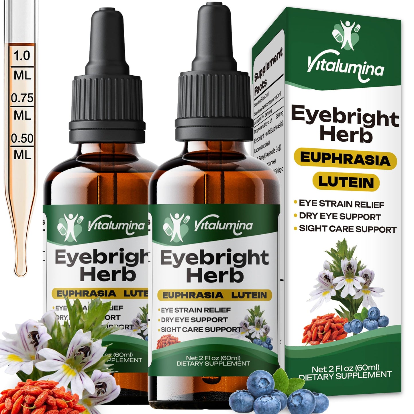 Vitalumina Eyebright Herbal Liquid with Organic Euphrasia, Lutein, Bilberry, Blueberry & Goji – Plant-Based Vegan Supplement for Adults – 4 fl oz VitaluminaBuy Supplements Australia