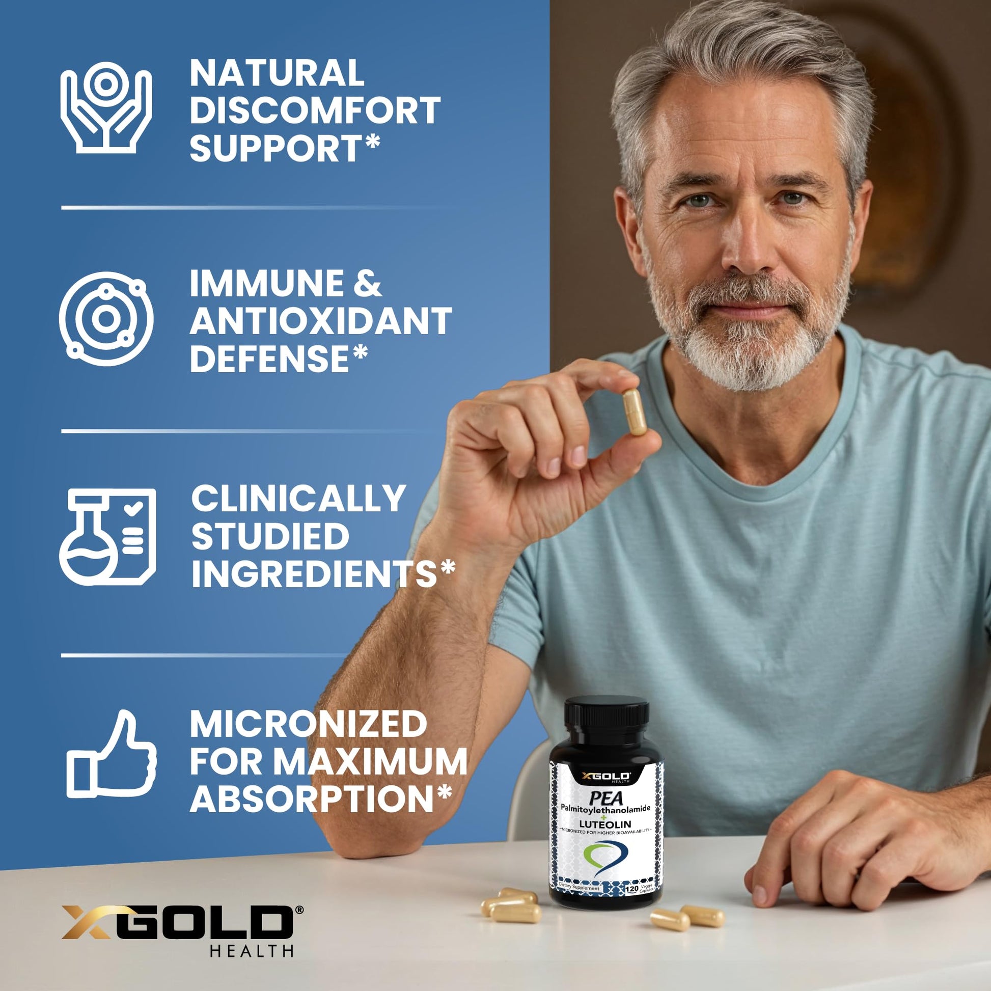 Palmitoylethanolamide 630 mg + Luteolin Standardized 98%- Micronized Pea 99% Highly Purified and Bioavailable - Made in USA - Supplement for Men and Women - 120 Veggie Capsules X Gold HealthBuy Supplements Australia