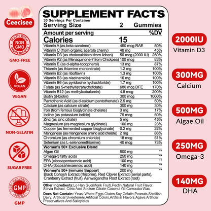 Ceecisee Vitamin Gummies for 50+ Women: Organic Vegan Multivitamin with Iron Omega3 B12 D3 Biotin Zinc Ashwagandha for Hair Skin Health Energy Immune Suppor Ceecisee
