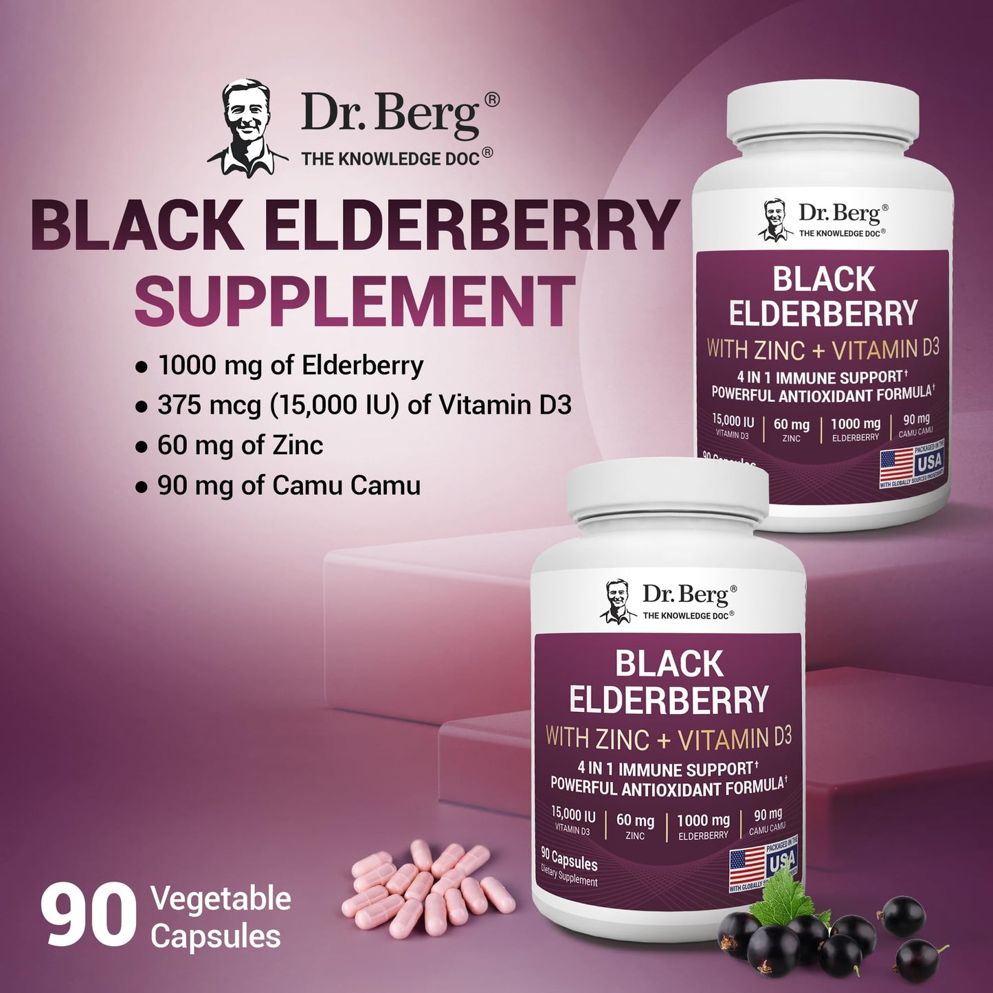Dr. Berg Black Elderberry Capsules (Advanced Immune Support*) with 15,000 IU Vitamin D, 60 mg of Zinc, & 90 mg of Camu Camu - (4-in-1) Sambucus Elderberry Immune Support Supplement - 90 Capsules Dr. Berg NutritionalsBuy Supplements Australia