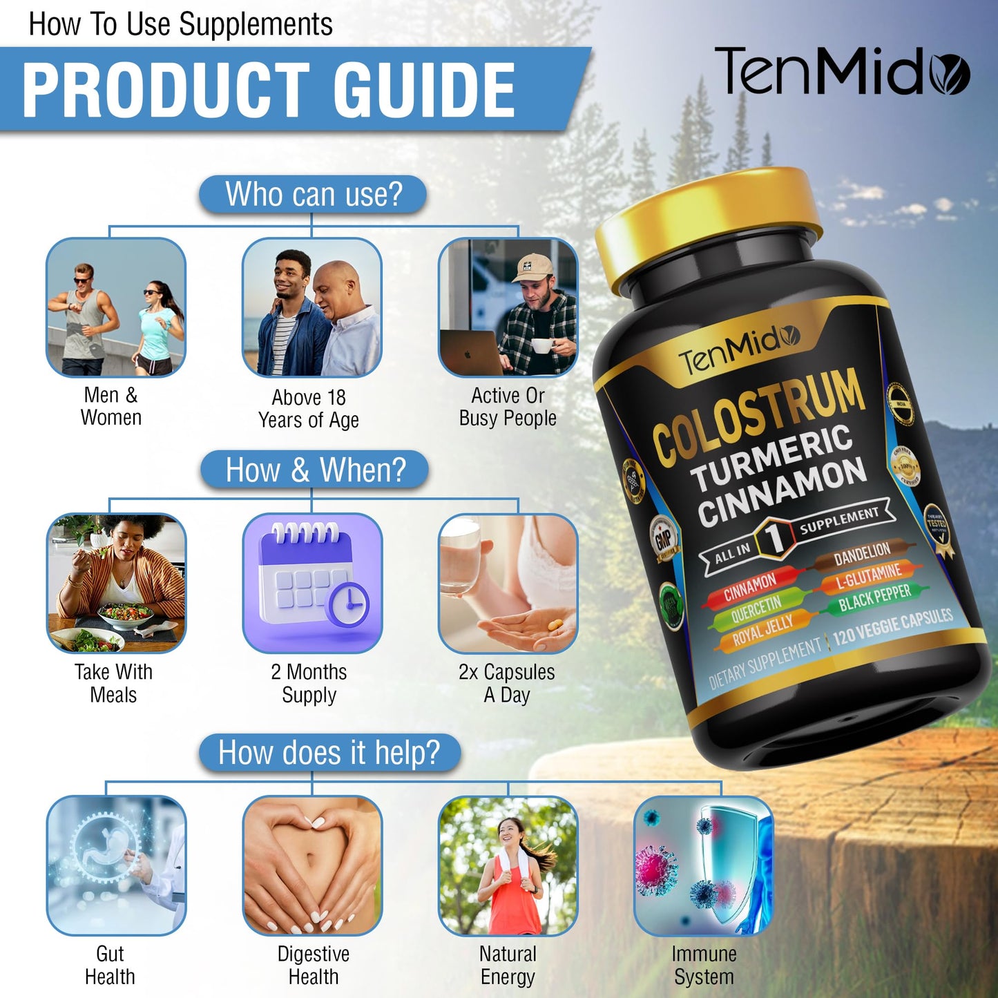 Tenmido Colostrum Supplement - 8in1 Formula - Combine with Turmeric, Ceylon Cinnamon, Quercetin, Royal Jelly, Dandelion, L- Glutamine, and Black Pepper - Digestive Health Support - 120 Capsules TenmidoBuy Supplements Australia