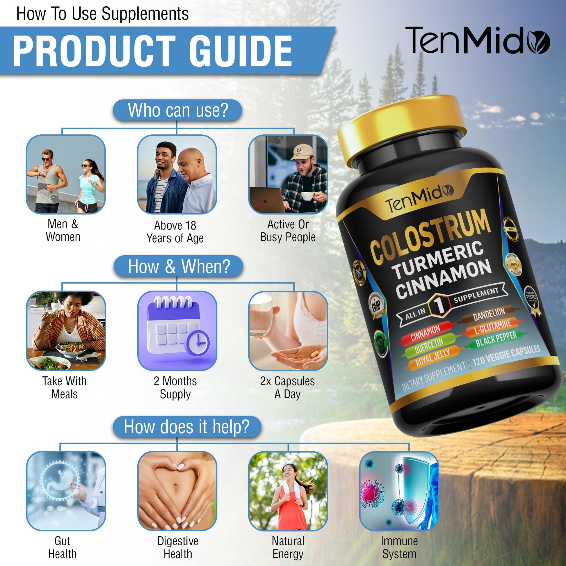 Tenmido Colostrum Supplement - 8in1 Formula - Combine with Turmeric, Ceylon Cinnamon, Quercetin, Royal Jelly, Dandelion, L- Glutamine, and Black Pepper - Digestive Health Support - 120 Capsules TenmidoBuy Supplements Australia