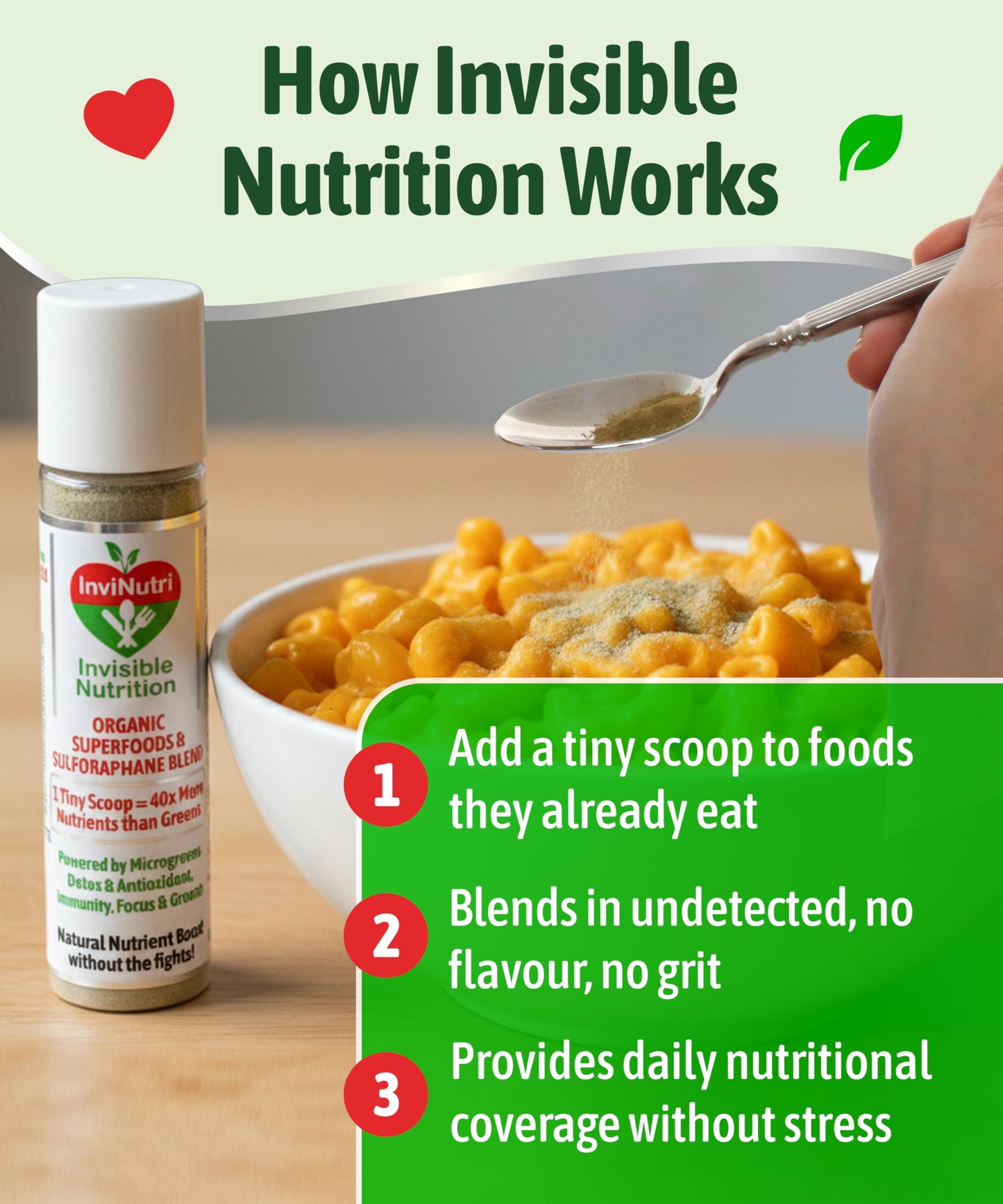 InviNutri Superfood Powder for Sensory & Picky Eaters. A TINY scoop- 40x Nutrient-Rich, 30mg Sulforaphane for Detox. Organic Microgreens, Fruits & Veggies - Blends Invisibly into Most Meals - 24 serv. InviNutri Invisible NutritionBuy Supplements Australia