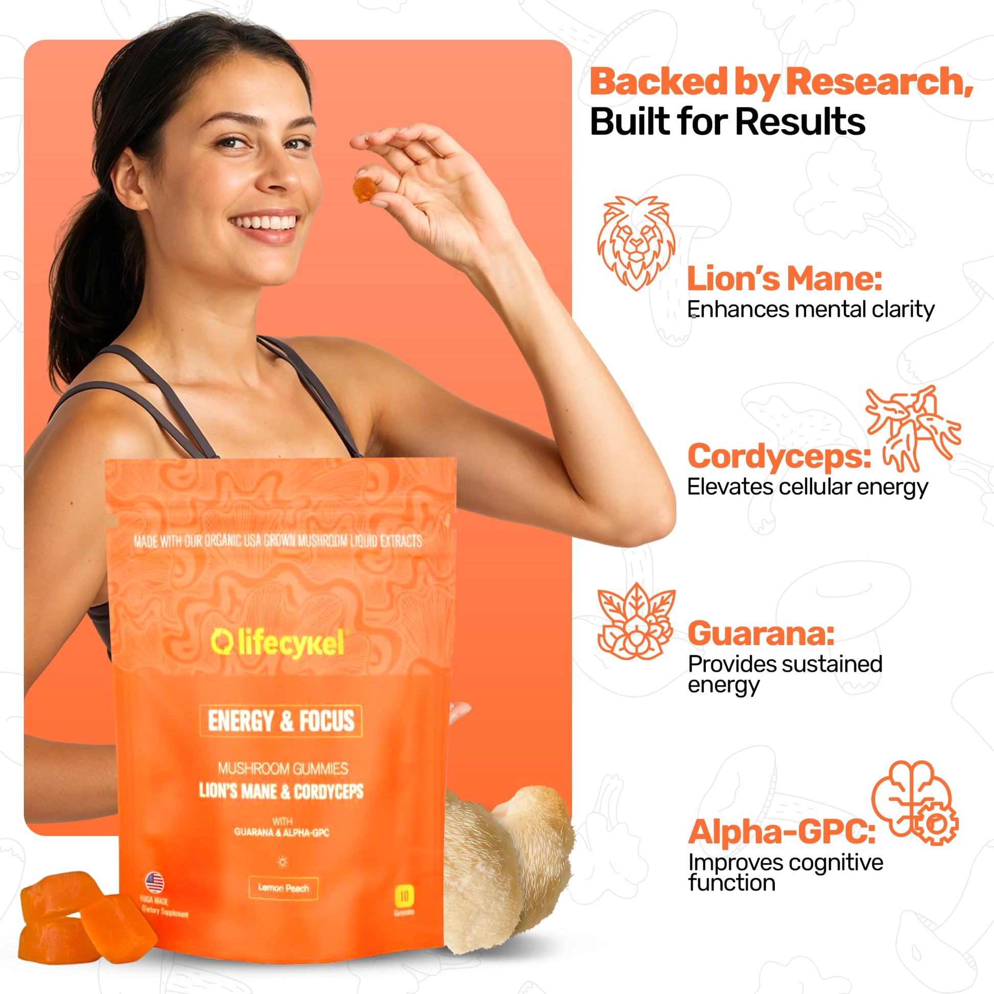 Life Cykel - AM Energy and Focus Mushroom Gummies, 10 Count - Organic Lion's Mane Gummies with Cordyceps, Guarana & Alpha GPC for Mental Clarity, Natural Energy, Endurance & Focus - Lemon Peach Flavor Life CykelBuy Supplements Australia