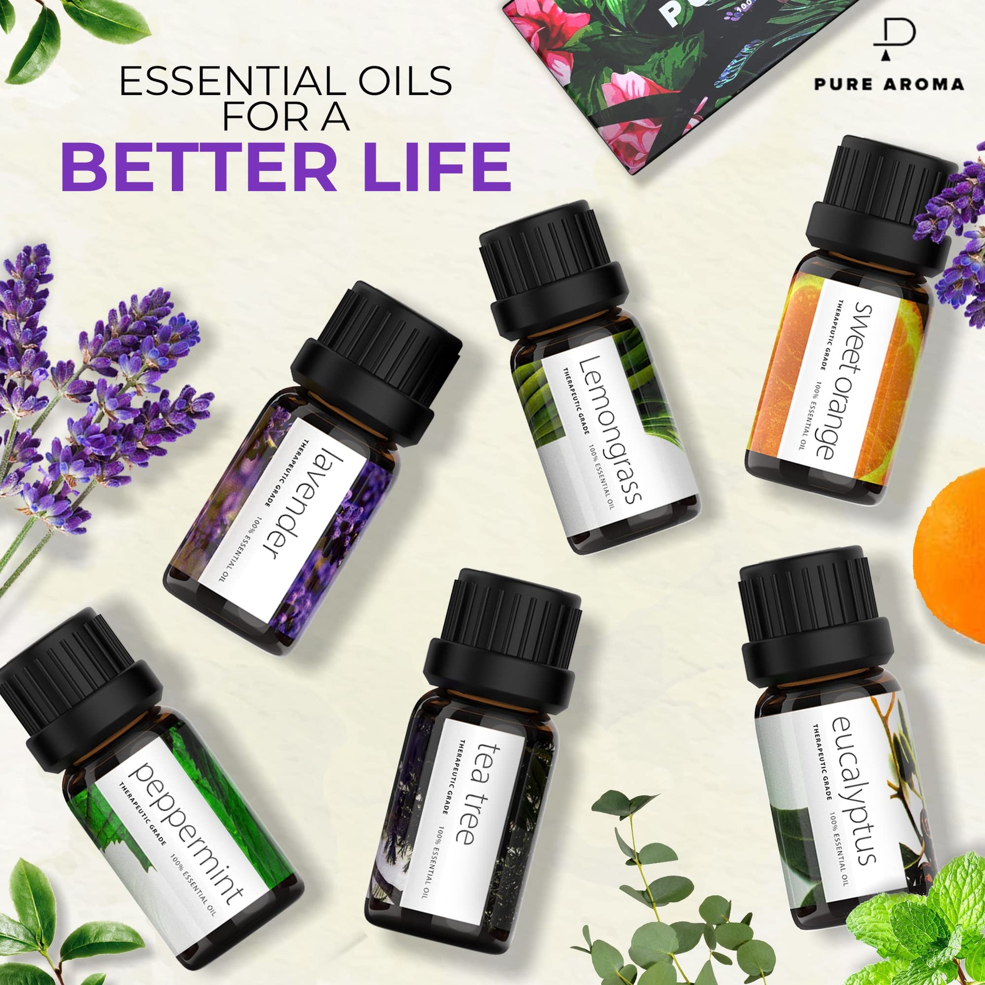 Essential Oils by PURE AROMA 100% Pure Oils kit- Top 6 Aromatherapy Oils Gift Set-6 Pack, 10ML Pure AromaBuy Supplements Australia