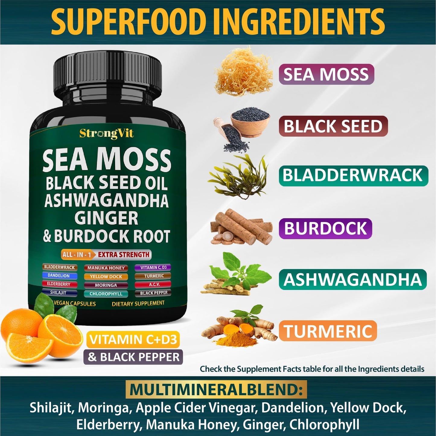 StrongVit Sea Moss Black Seed Oil Ashwagandha Ginger, Organic Sea Moss Capsules with Burdock Root, Irish Seamoss Pills with Bladderwrack, Advanced Multimineral Supplement, USA StrongVitBuy Supplements Australia