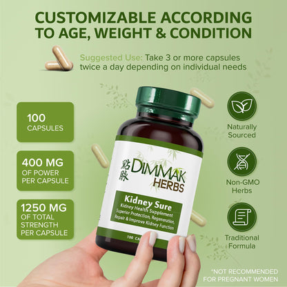 Dimmak Herbs Kidney Sure- Kidney Cleanse & Revitilization Tonic- Organic Herbal Support for Renal Health, Urinary Tract Flow & Vitality- TCM Doctor Formulated, Vegan- 400mg 100 Capsules Dimmak HerbsBuy Supplements Australia