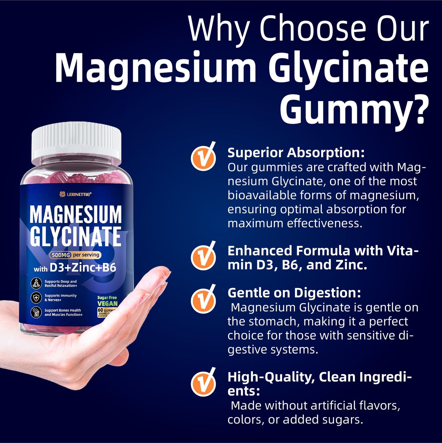 Magnesium Glycinate 500mg/250mg for Adults Teens - Plus D3,B6 & Zinc - Magnesium Glycinate Gummies,High Absorption - Support for Relaxation,Brain,Bone & Immunity Health - Sugar Free - 120Cts LerinettiaBuy Supplements Australia