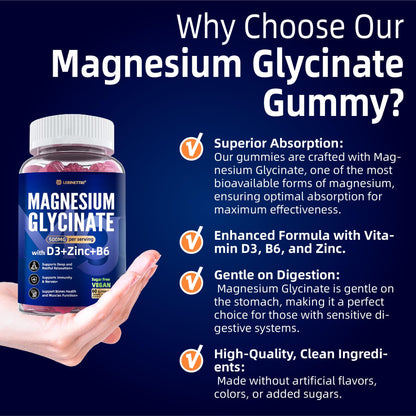 Magnesium Glycinate 500mg/250mg for Adults Teens - Plus D3,B6 & Zinc - Magnesium Glycinate Gummies,High Absorption - Support for Relaxation,Brain,Bone & Immunity Health - Sugar Free - 120Cts LerinettiaBuy Supplements Australia