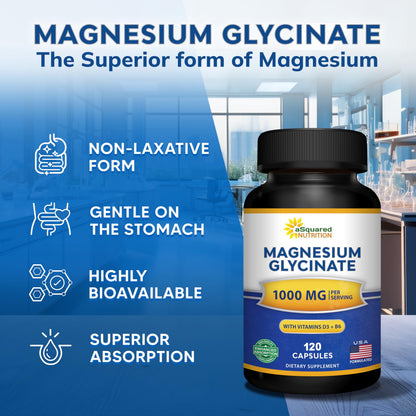 Magnesium Glycinate 1000mg with Vitamin D3 & B6-500mg per Capsule - Pure Elemental Mag Supplement Complex for Sleep, Muscle, Bone Health