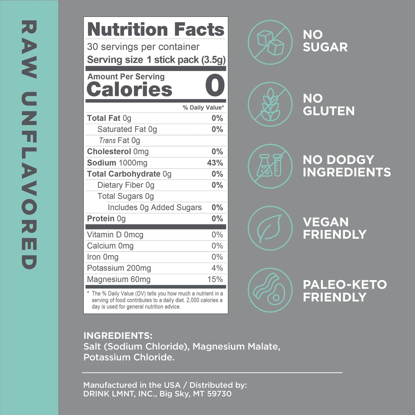 LMNT Zero-Sugar Electrolytes - Raw Unflavored Salt - Hydration Powder Packets Drink LMNTBuy Supplements Australia