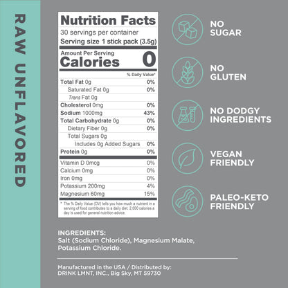 LMNT Zero-Sugar Electrolytes - Raw Unflavored Salt - Hydration Powder Packets Drink LMNTBuy Supplements Australia