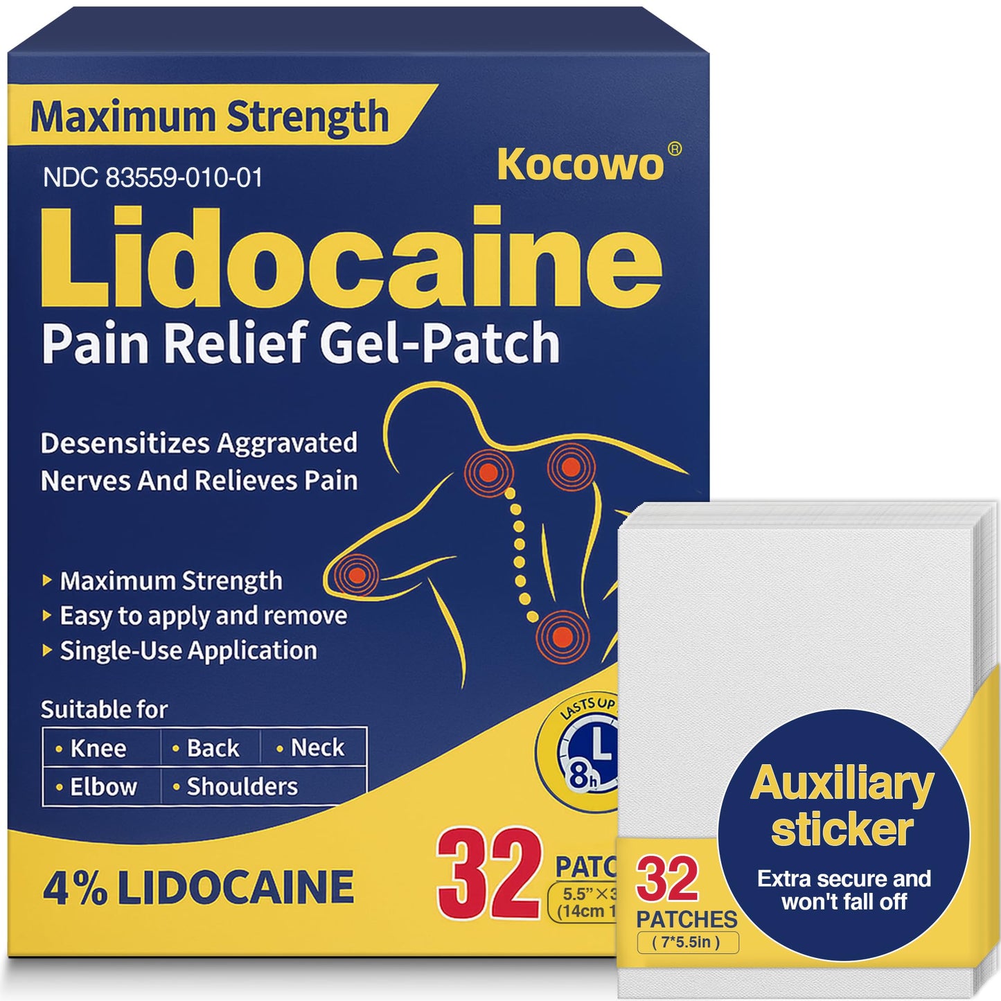 Kocowo 4% Lidocaine Maximum Strength Pain Relief Gel Patches with Auxiliary Patches for Neck Back Knee Joint Ache Muscle Soreness, 3.9” x 5.5”, 32-Count Box, NDC：83559-010-01 KocowoBuy Supplements Australia