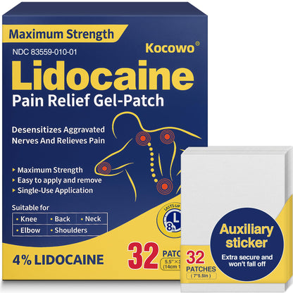 Kocowo 4% Lidocaine Maximum Strength Pain Relief Gel Patches with Auxiliary Patches for Neck Back Knee Joint Ache Muscle Soreness, 3.9” x 5.5”, 32-Count Box, NDC：83559-010-01 KocowoBuy Supplements Australia