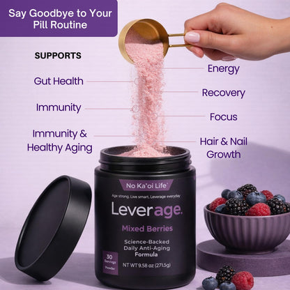 Leverage Mixed Berries Anti–Aging Supplement & Longevity Mix - Daily Wellness Multivitamin Powder with Hyaluronic Acid, L-Glycine & Magnesium for Skin, Energy, Cognitive Function & Joint–30 Servings LeverageBuy Supplements Australia