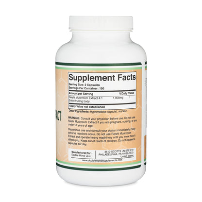 Reishi Mushroom Capsules (4:1 Ganoderma Extract, 1,000mg Red Reishi Powder Servings) Double Wood SupplementsBuy Supplements Australia