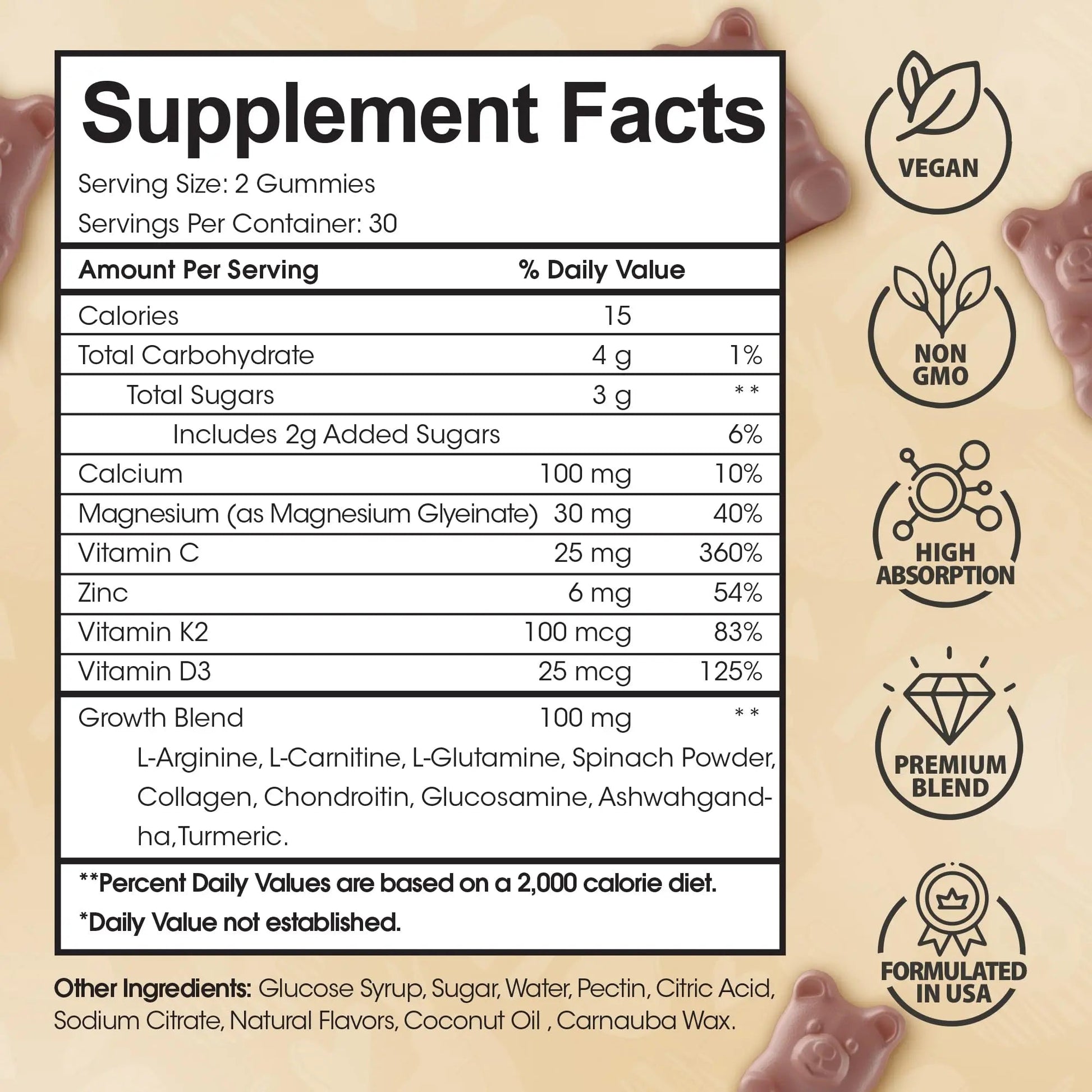 Height Growth Increase Vitamin Gummies, Calcium 100mg, Magnesium Glycinate 30mg, Zinc, Ashwagandha, Vitamin K2 D3 25mg Grow Tall Maximizer Supplement HighSpot