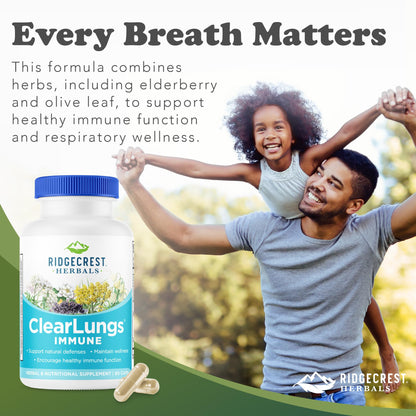 RidgeCrest Herbals ClearLungs Immune, Lung Support Supplement with Elderberry, Zinc, Vitamin C, Vitamin A, Olive Leaf, Mullein, Lung Wellness Formula for Respiratory Health (60 Vegan Caps, 30 Serv) RidgeCrest HerbalsBuy Supplements Australia