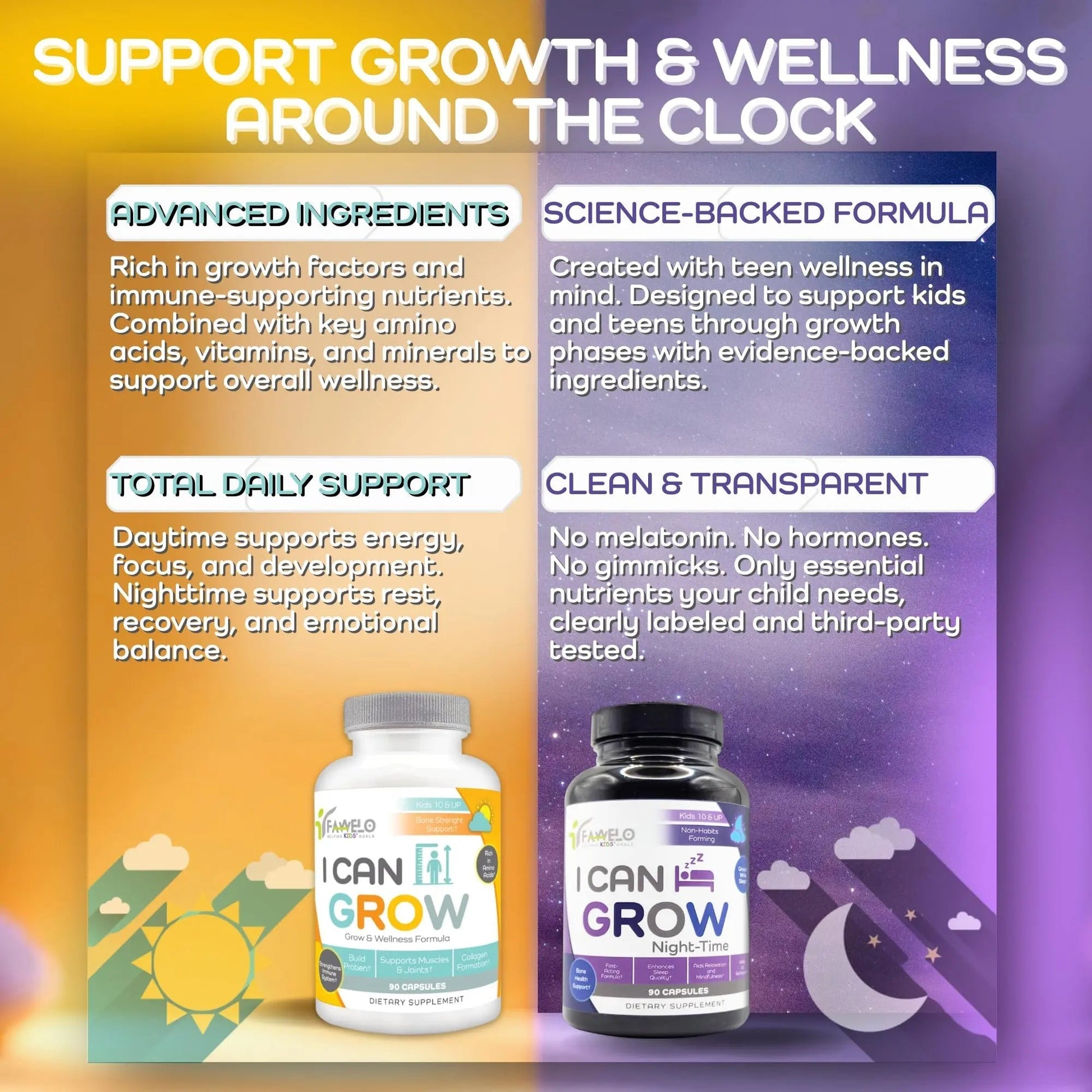 Fawelo I Can Grow Day-Time for Kids 10+ & Teens | Growth & Development Support with L-Arginine, Colostrum, Calcium, D3, Magnesium, Zinc | FaweloBuy Supplements Australia