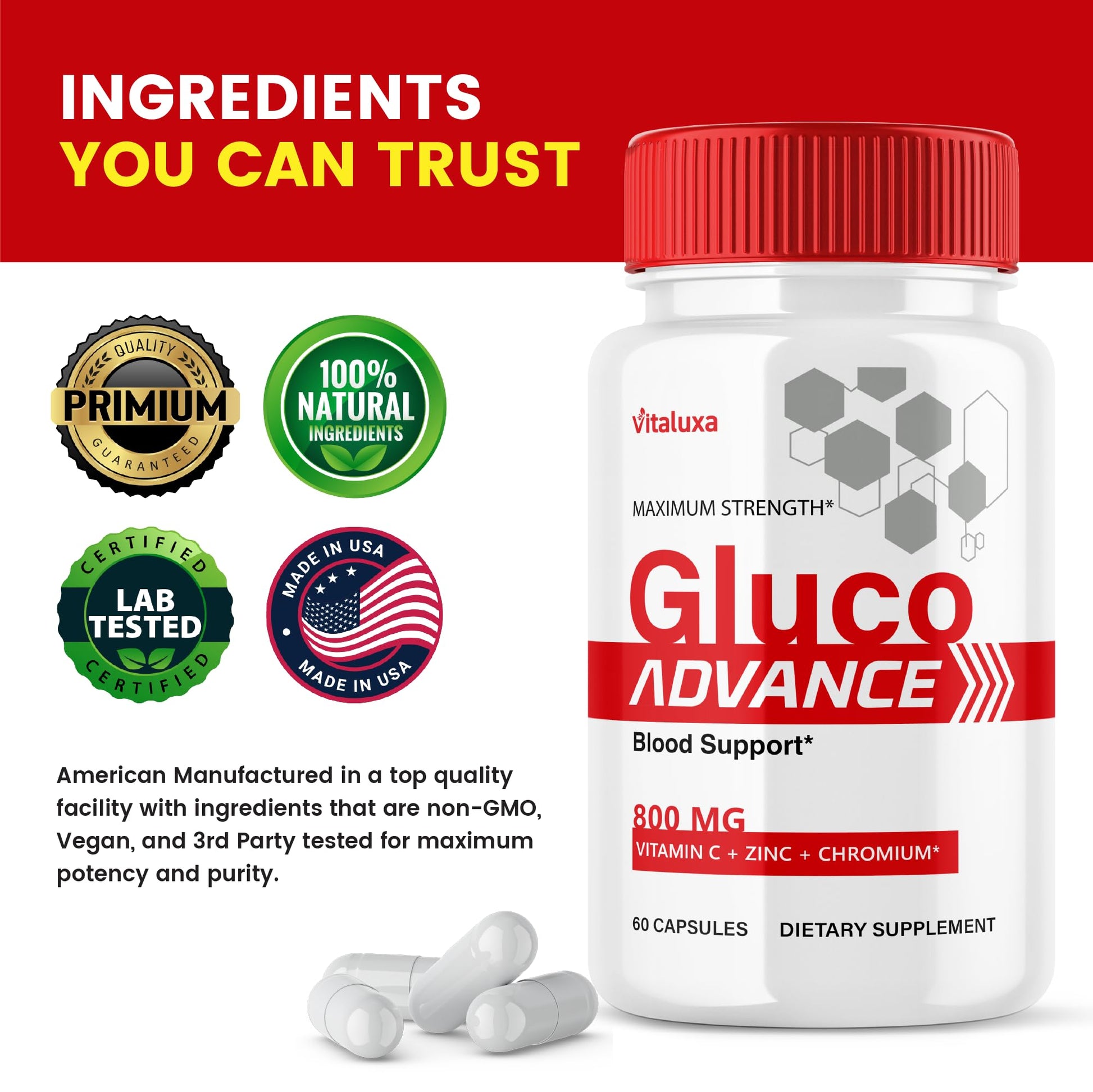 Gluco Advance Capsules, Gluco Advanced Blood Support Supplement GlucoAdvance Pills for Joints, GlucoseAdvance Premium Blend Flow Balance All Natural Formula Overall Health Wellness (60 Capsules) VitaluxaBuy Supplements Australia