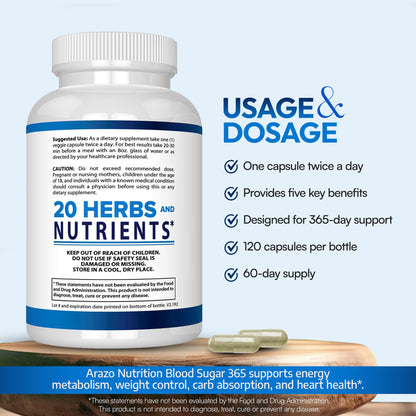 Arazo Nutrition Blood Sugar 365 Supplement – Supports Healthy Energy Levels - 120 Herbal Pills - 60 Day Supply Aus HealthcareBuy Supplements Australia