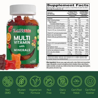 YumVs Kids Multivitamin Gummies - Fruit Flavored Chewable Children's Multivitamin - Kids Vitamins Multivitamin Gummy with 12 Minerals & Vitamins A C D3 E B6 B12 YUM-V'S