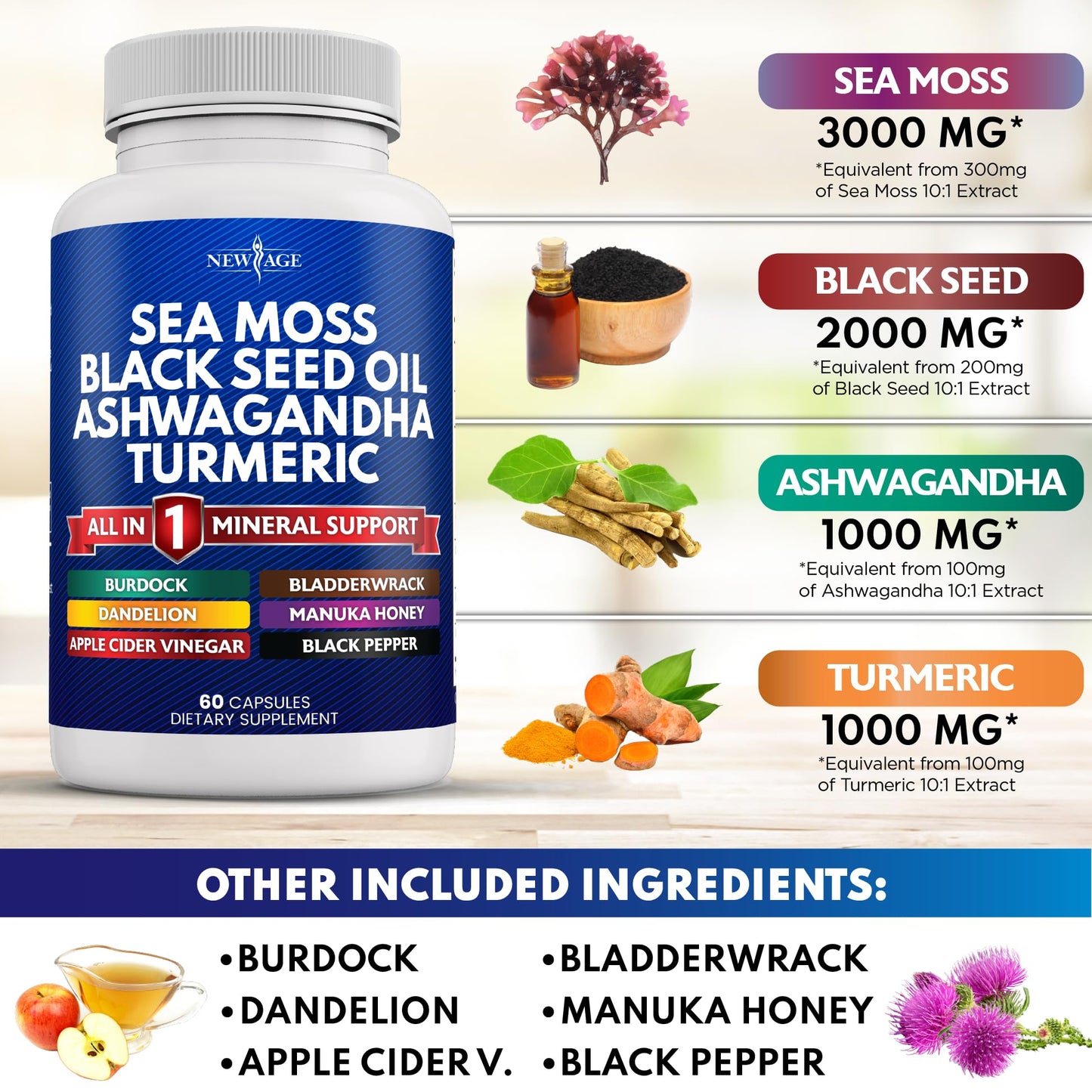 Silica Sea Moss 3000mg Black Seed Oil 2000mg Ashwagandha 1000mg Turmeric 1000mg NEW AGEBuy Supplements Australia