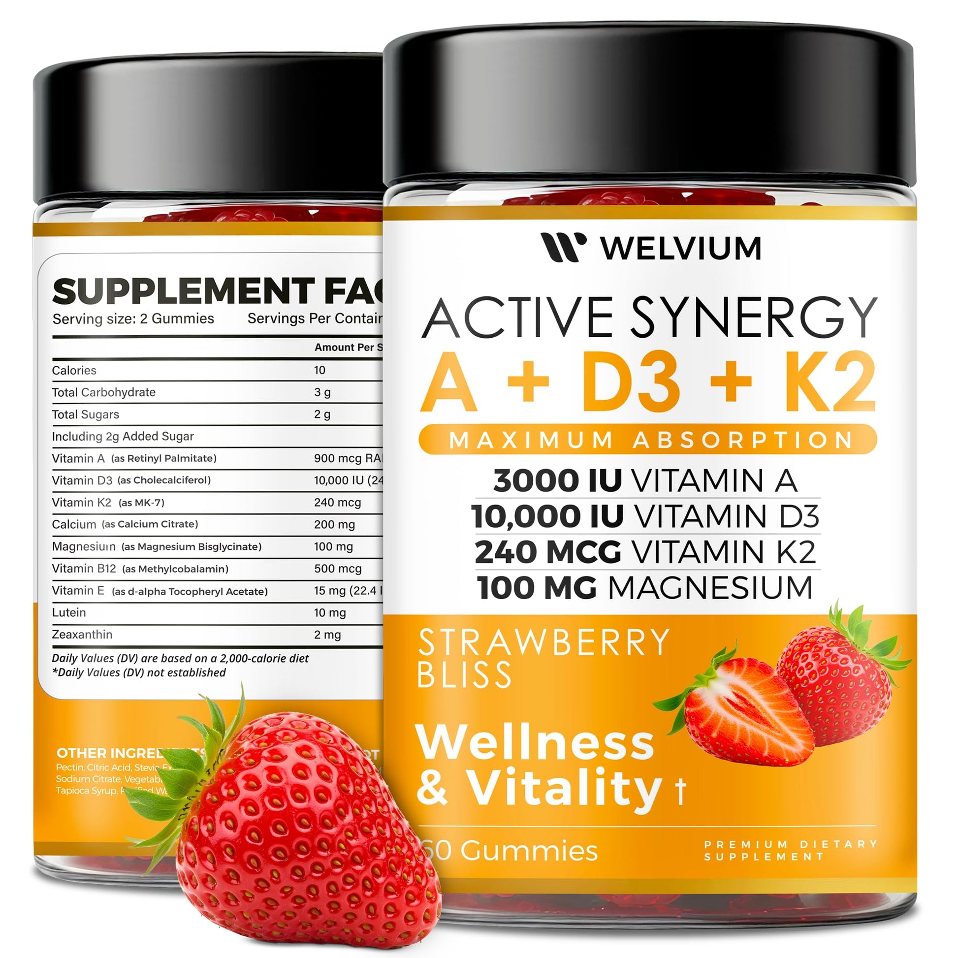 WELVIUM Vitamin D3 K2 Gummies 10000 IU with Magnesium Glycinate, Calcium, B12, K2 MK-7, Vitamins A, E, Lutein, Zeaxanthin - ADK Chewable Supplement for Bone, Eye, Immune Support - D3K2 Gummies WELVIUMBuy Supplements Australia