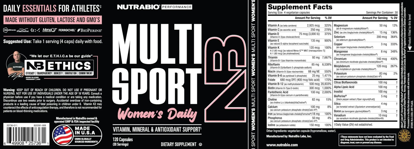 NutraBio Multisport for Women - Womens MultiVitamin - 33 Vitamins, Minerals, Micronutrients - Rich in Antioxidants NutraBio