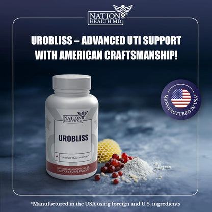 NATION HEALTH MD UroBliss Formula for Urinary Tract Support - D Mannose 1000mg Capsules with Cranberry Extract for Feminine Care and UTI-Health, 60 Capsules NATION HEALTH MDBuy Supplements Australia